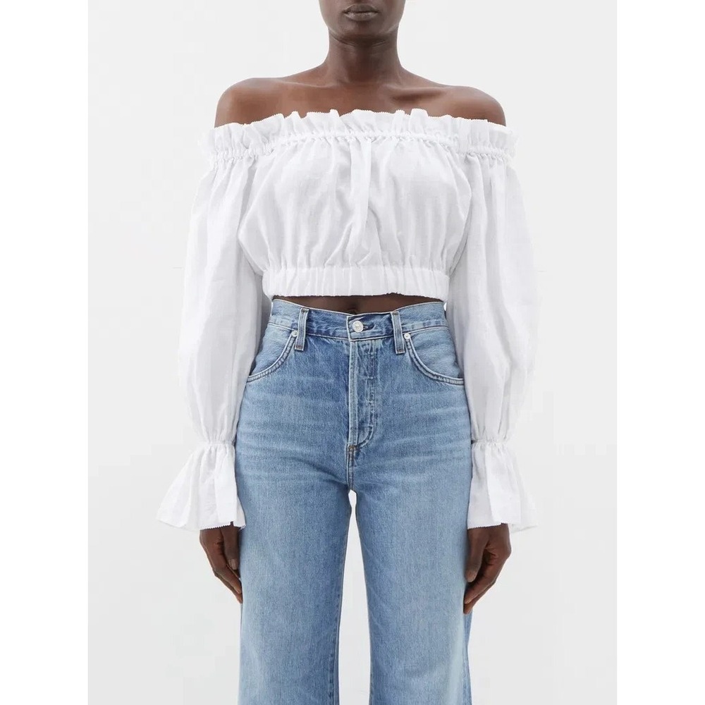 Staud White Linen Tristan Off-the-Shoulder Long Sleeve Crop Top Size XS